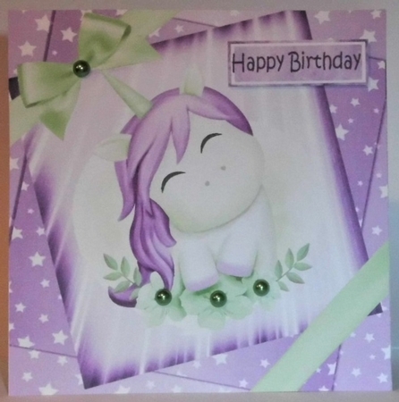 fantasy watercolour  unicorn in purple star spangled sky with bow 8x8 by Hazel Underwood