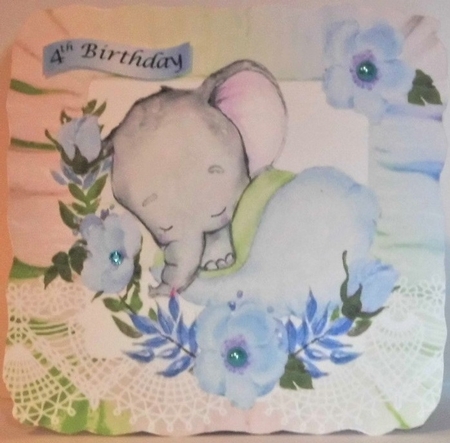 pretty rainbow frill frame with baby ele and flowers 8x8 blue by Hazel Underwood