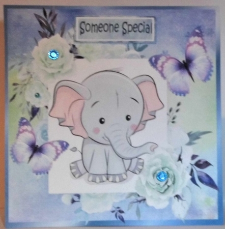 Cute Ele in frame of roses with butterflies 8x8 blue by Hazel Underwood