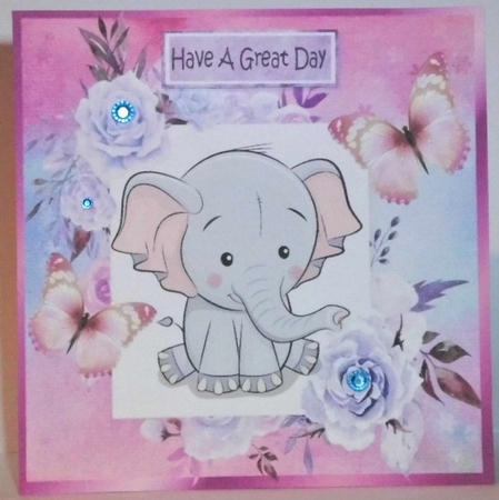 Cute Ele in frame of roses with butterflies 8x8 pink by Hazel Underwood