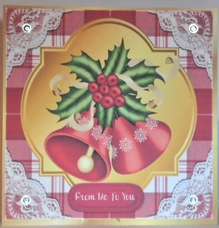 Red Tartan & Lace With Christmas bells and bow 8x8 by Hazel Underwood