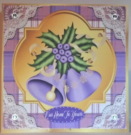 Lilac Tartan & Lace With Christmas bells and bow 8x8 by Hazel Underwood