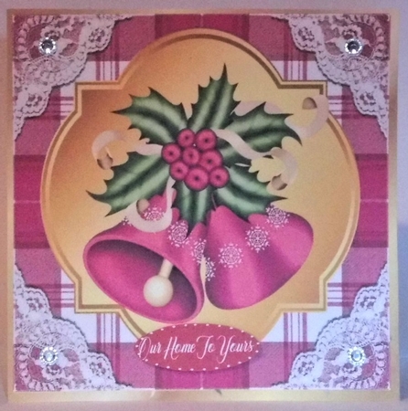 pink Tartan & Lace With Christmas bells and bow 8x8 by Hazel Underwood