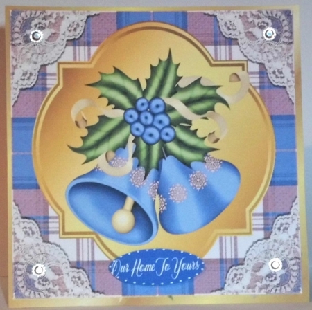 blue Tartan & Lace With Christmas bells and bow 8x8 by Hazel Underwood