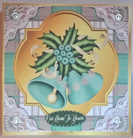 Turq Tartan & Lace With Christmas bells and bow 8x8 by Hazel Underwood