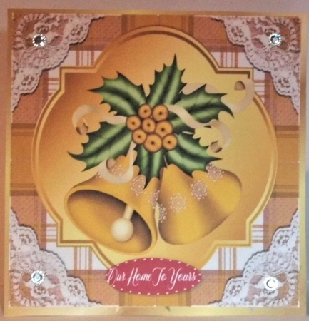 Gold Tartan & Lace With Christmas bells and bow 8x8 by Hazel Underwood