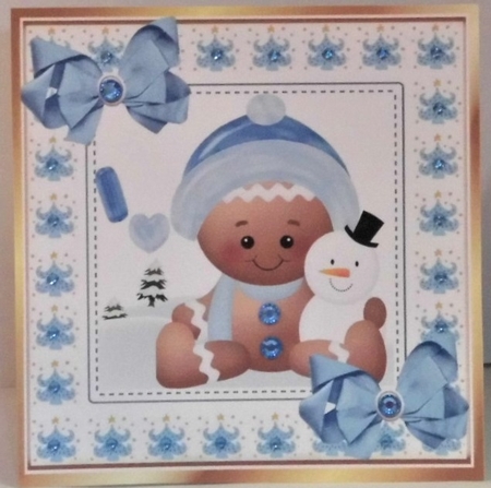 Cute Gingerbread in the snow  with bows 8x8 (one) by Hazel Underwood