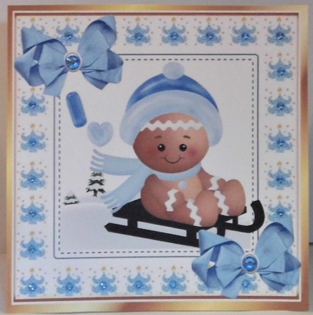 Cute Gingerbread in the  snow  with bows 8x8 (two) by Hazel Underwood