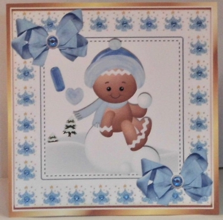 Cute Gingerbread in the  snow  with bows 8x8 (three) by Hazel Underwood