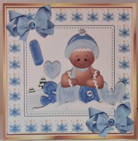 Cute Gingerbread in the  snow  with bows 8x8 (four) by Hazel Underwood
