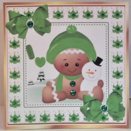 Cute Gingerbread in the  snow  with green bows 8x8 (one) by Hazel Underwood