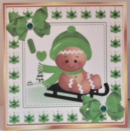 Cute Gingerbread in the  snow  with green  bows 8x8 (two) by Hazel Underwood