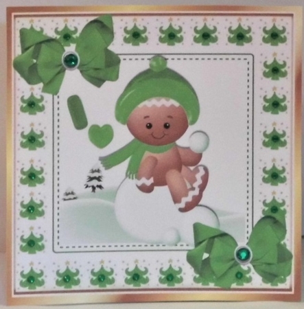 Cute Gingerbread in the  snow  with  green bows 8x8 (three) by Hazel Underwood
