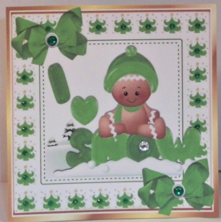 Cute Gingerbread in the  snow  with  green bows 8x8 (four) by Hazel Underwood