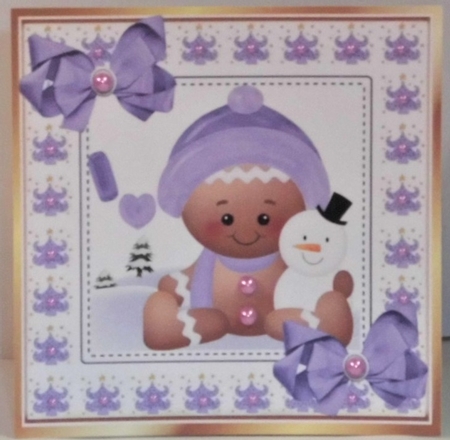 Cute Gingerbread in the  snow  with purple bows 8x8 (one) by Hazel Underwood