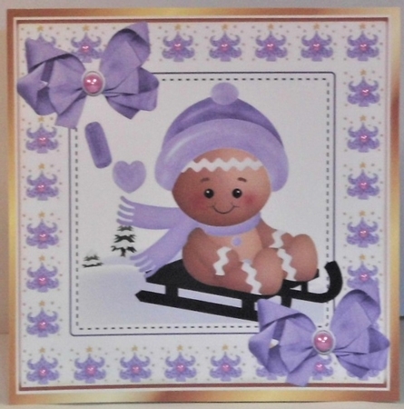 Cute Gingerbread in the  snow  with purple bows 8x8 (two) by Hazel Underwood