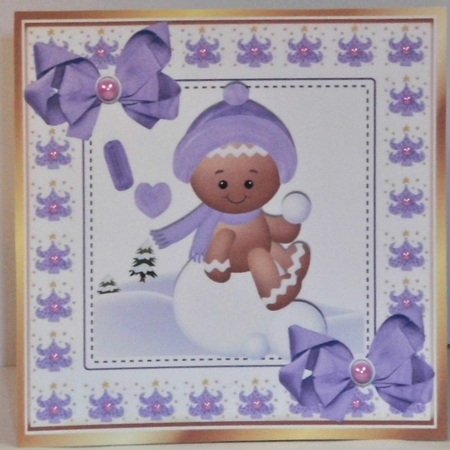 Cute Gingerbread in the  snow  with purple bows 8x8 (three) by Hazel Underwood