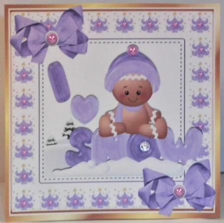 Cute Gingerbread in the  snow  with  purple bows 8x8 (four) by Hazel Underwood