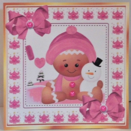 Cute Gingerbread in the  snow  with  pink bows 8x8 (one) by Hazel Underwood