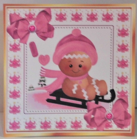 Cute Gingerbread in the  snow  with  pink bows 8x8 (two) by Hazel Underwood