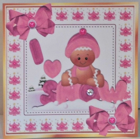 Cute Gingerbread in the  snow  with  pink bows 8x8 (three) by Hazel Underwood