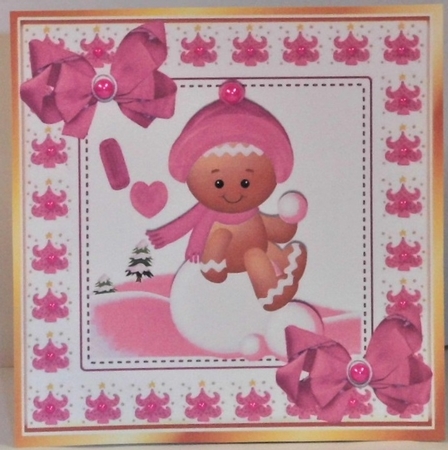 Cute Gingerbread in the  snow  with  pink bows 8x8 (four) by Hazel Underwood