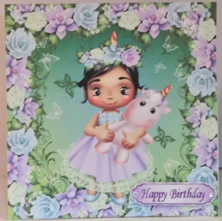 sweet little girl holding a unicorn, in purple rose frame 8x8 by Hazel Underwood