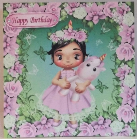 sweet little girl holding a unicorn, in pink rose frame 8x8 by Hazel Underwood