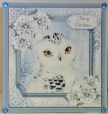 Gorgeous White Owl With Blue Festive Flowers 8x8  by Hazel Underwood