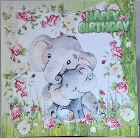 Cute water colour cuddling elephants in flower frame with bow 8x8 by Hazel Underwood