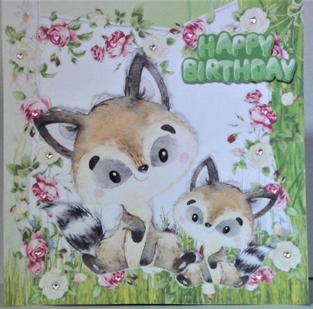 Cute water colour cuddling Raccoons in flower frame with bow 8x8 by Hazel Underwood