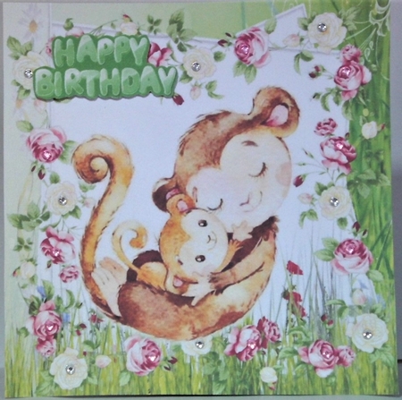 Cute water colour cuddling monkey & baby in flower frame with bow 8x8 by Hazel Underwood