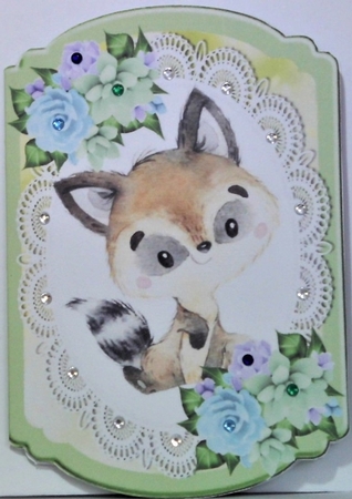 Cute Raccoon  on lace with pretty flowers bracket card by Hazel Underwood