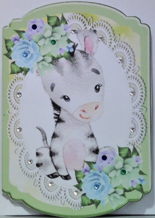 Cute water colour zebra  on lace with pretty flowers bracket card by Hazel Underwood