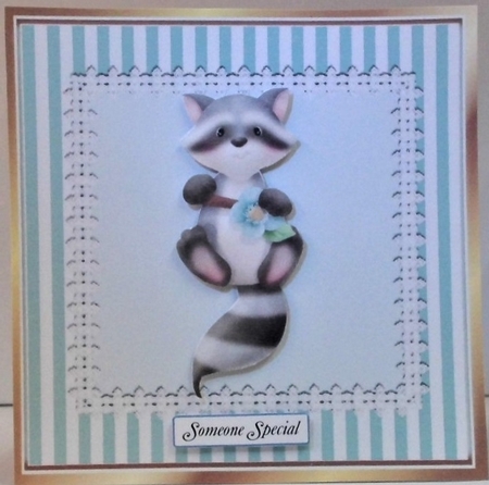 Pretty turq stripe with lace and bow card front 8x8 by Hazel Underwood