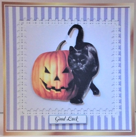 Pretty lilac stripe with lace and bow card front 8x8 by Hazel Underwood