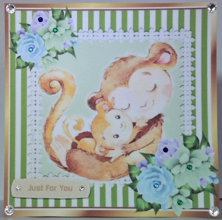 Cute mum and baby monkey elephant cuddling in stripe lace 8x8 frame by Hazel Underwood
