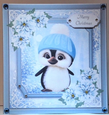 Gorgeous Penguin In a bobble hat With Blue Festive Flowers 8x8 by Hazel Underwood