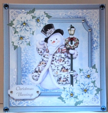 Gorgeous Snowman 2  With Blue Festive Flowers 8x8 by Hazel Underwood