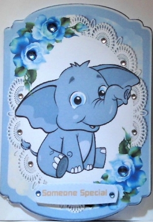 Cute baby elephant on lace with blue roses bracket card by Hazel Underwood
