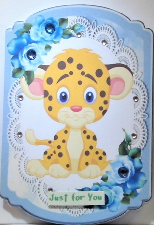  4 Cute Animals on lace with blue roses bracket cards mini kit by Hazel Underwood