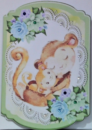  4 Cute cuddling animals on lace with pretty flowers green bracket card mini kit by Hazel Underwood