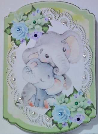  4 Cute cuddling animals on lace with pretty flowers green bracket card mini kit by Hazel Underwood
