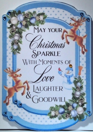 Lovely blue Christmas Bracket card with snowman and deer/sentiment by Hazel Underwood