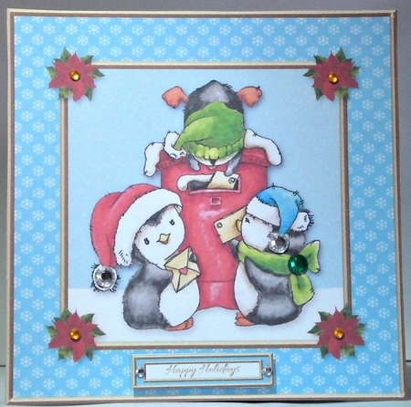 Cute little penguins mailing letters to Santa (blue) by Hazel Underwood