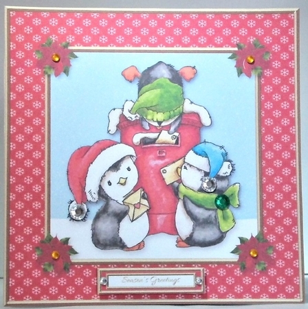 Cute little penguins mailing letters to Santa (red) by Hazel Underwood