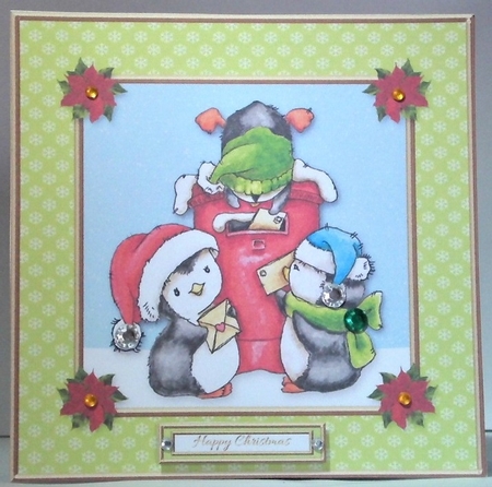 Cute little penguins mailing letters to Santa (green) by Hazel Underwood