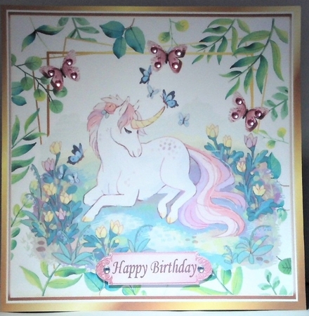 Pretty unicorn in leaf frame with butterflies 8x8 by Hazel Underwood