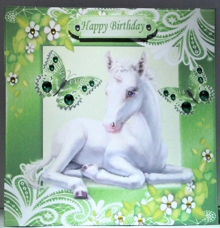 Pretty white unicorn in green ornate frame with butterflies 8x8 by Hazel Underwood