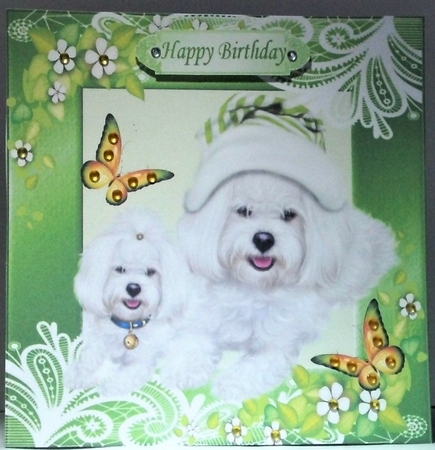 cute westies in green ornate frame with butterflies 8x8 by Hazel Underwood